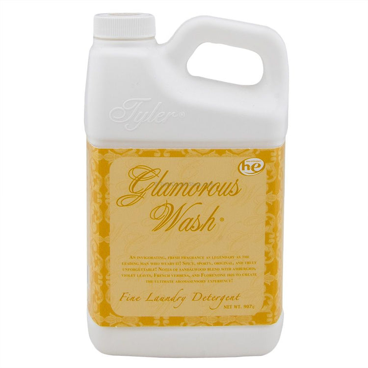 32oz bottle of Tyler Glamorous Wash Fine Laundry Detergent in a white plastic jug with gold label.