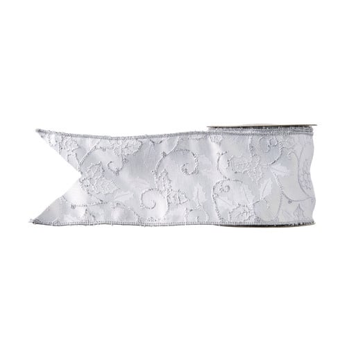 4-inch wide polyester ribbon with metallic thread holly leaf embroidery pattern