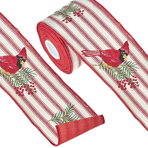 Red cotton wired ribbon with white ticking stripes featuring an embroidered cardinal on greenery.