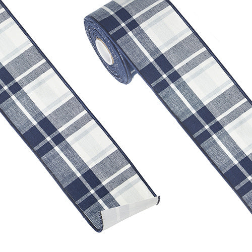 Blue and white plaid wired cotton ribbon roll