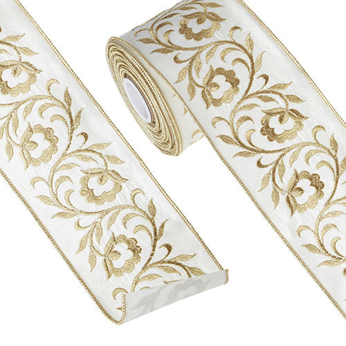 Floral embroidered wired ribbon in polyester and nylon with a blue background.