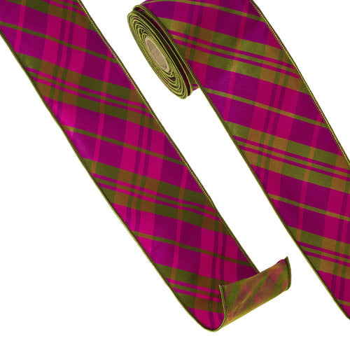 4-inch wide pink and green plaid wired ribbon made of polyester and nylon.