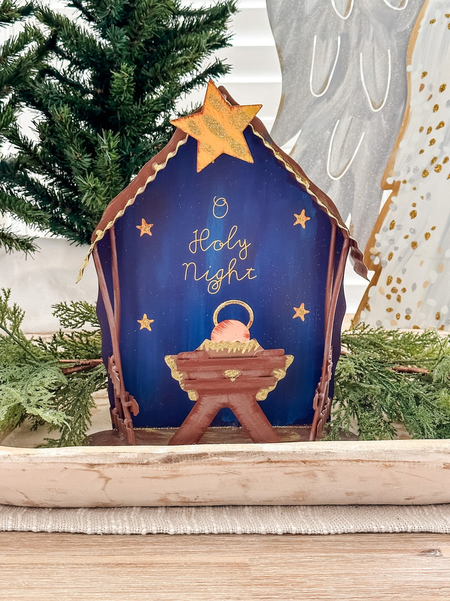 Jeweled O'Holy Night decorative stake featuring a dark background with gold jewel accents and festive holiday motifs.