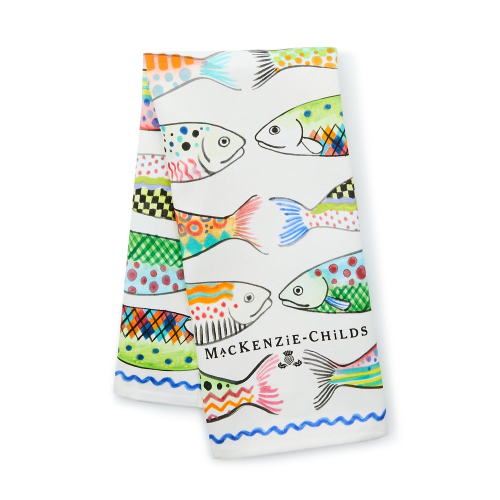 Go Fish printed cotton dish towel featuring a playful fish pattern on an off-white background.