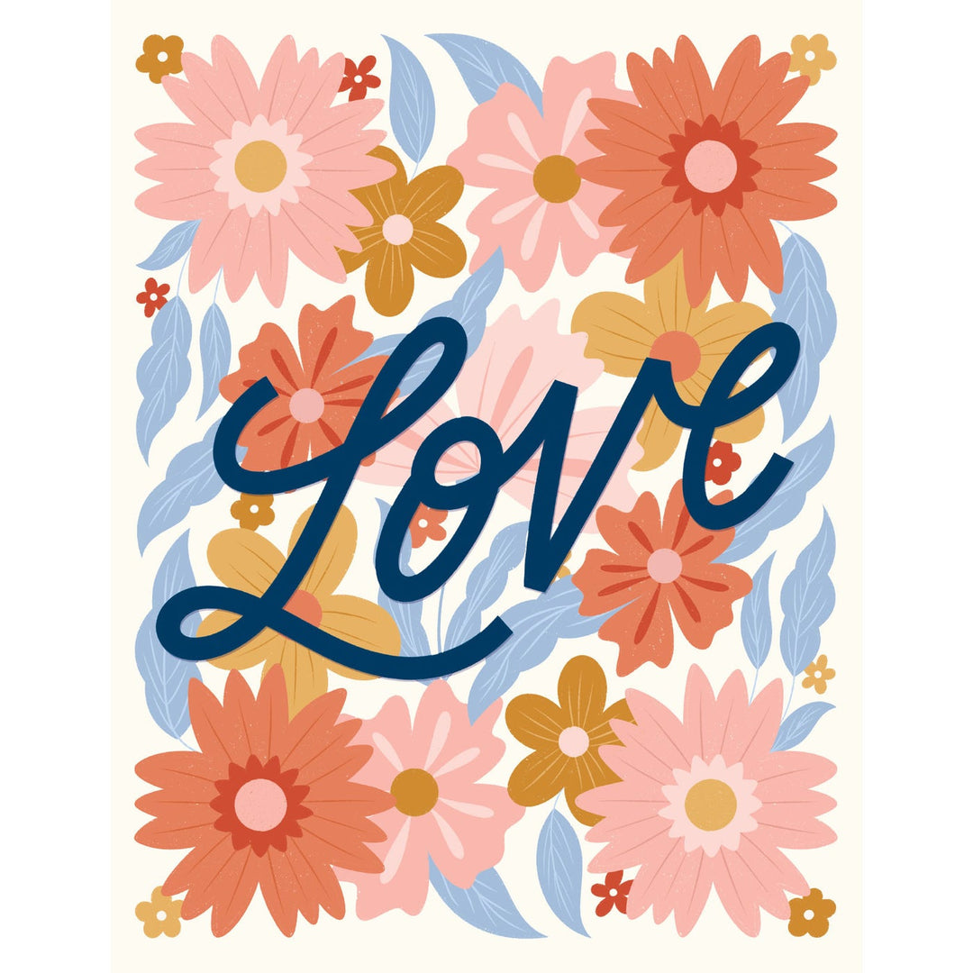 White floral greeting card with 'Love Script' text on front.