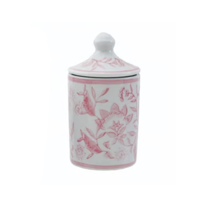 Hand-stamped pink floral stoneware spice jar with lid, 4.25 inches high.