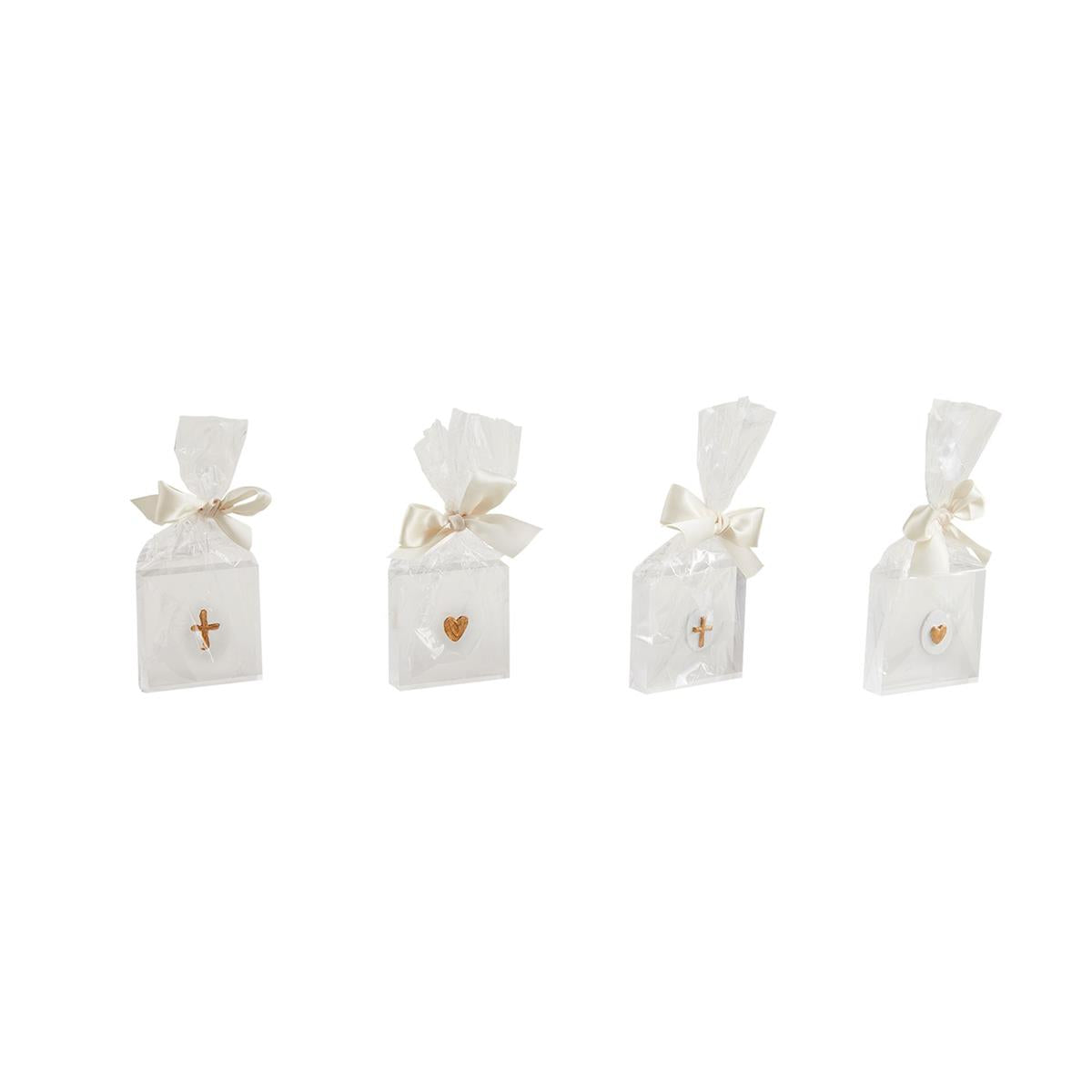 3-inch square heart-shaped mini acrylic sitter with hand-painted plaster icon wrapped in cello bag.