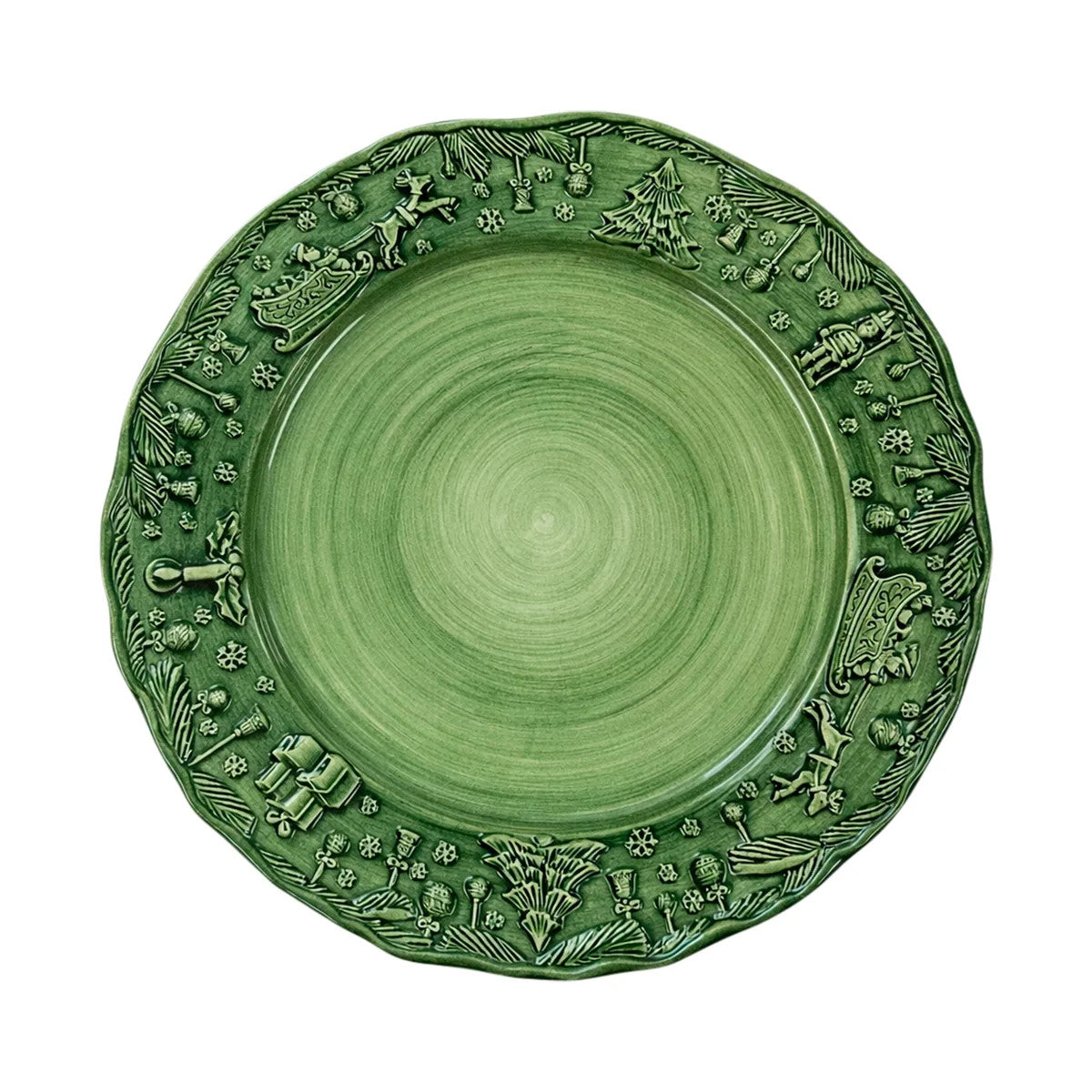Fiabe di Natale Green Dinner Plate with hand-sculpted holiday scenes and a scalloped edge.