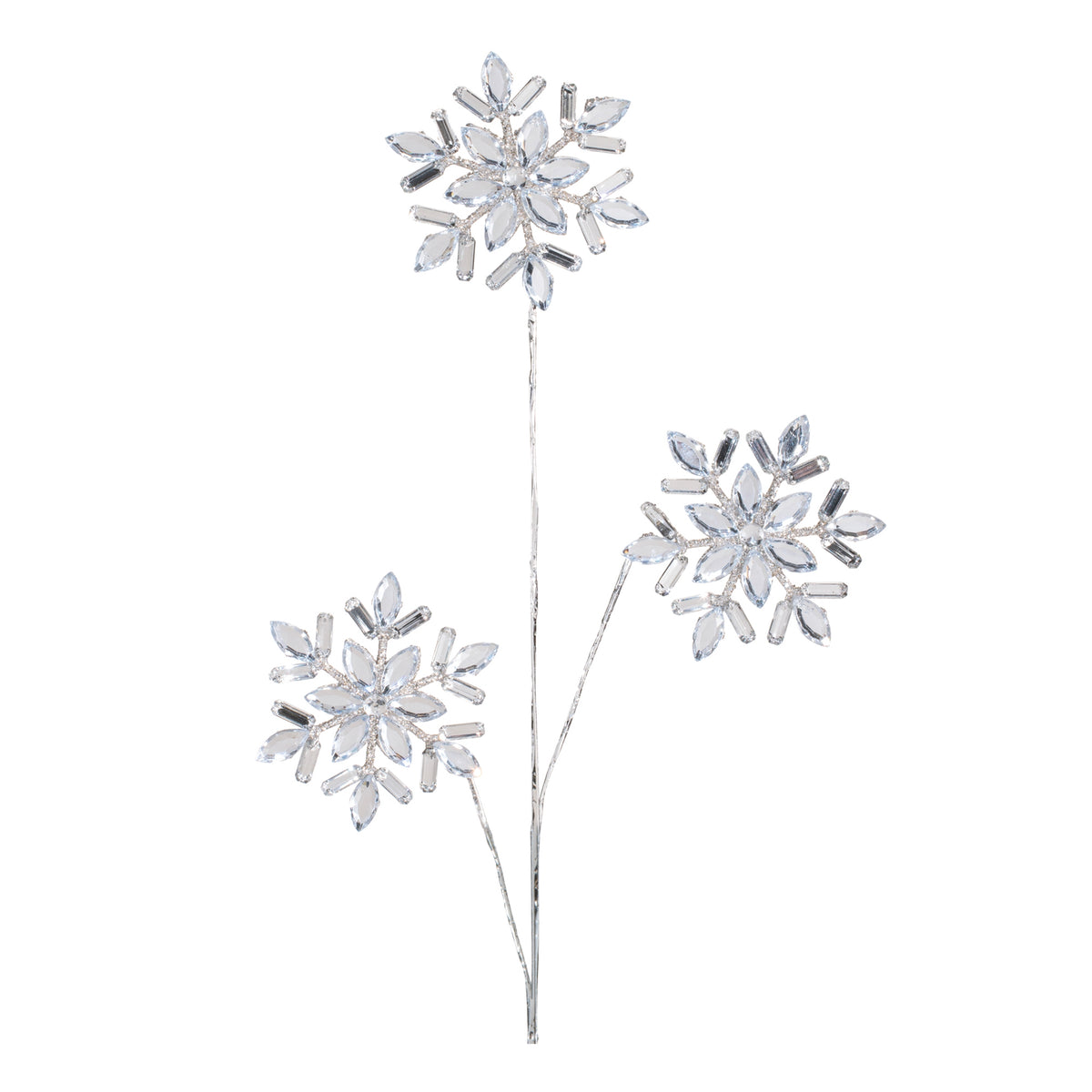 Silver 27.5-inch plastic snowflake spray with three crystal-style snowflake accents on wire stems.