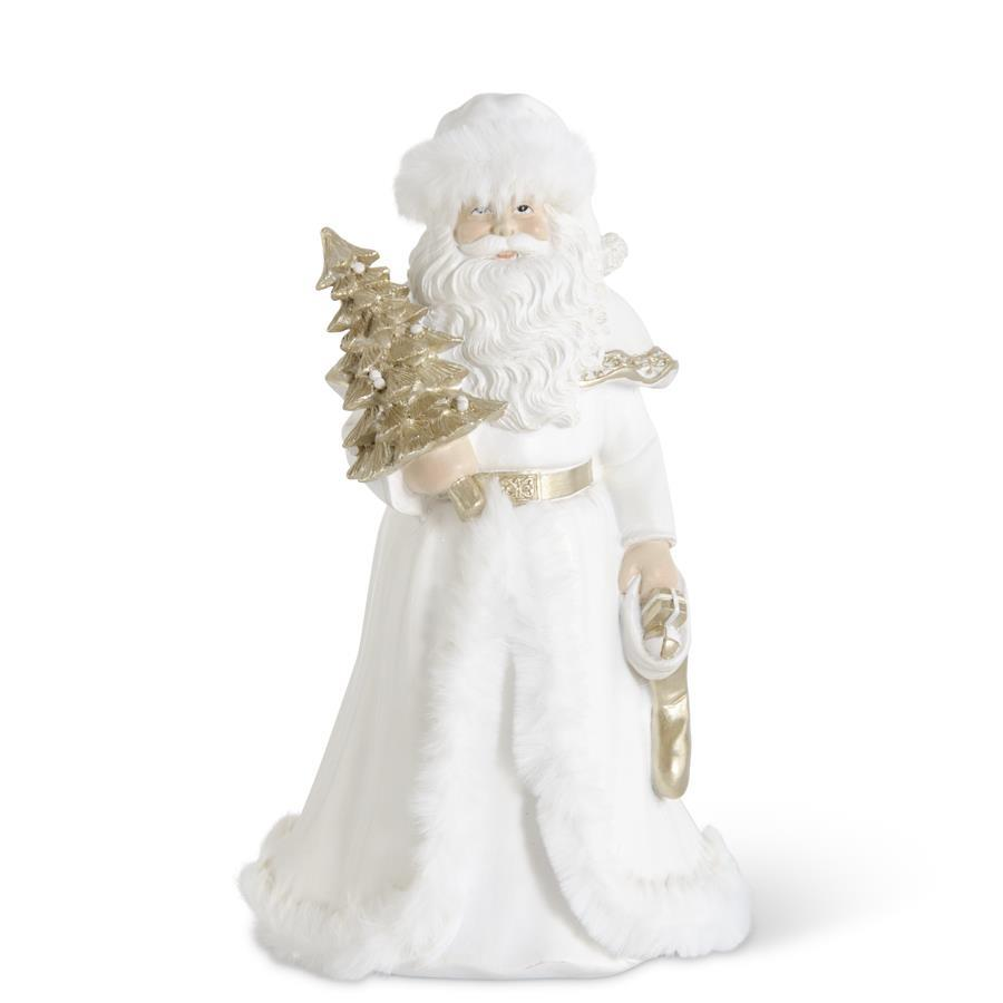 9-inch white and gold resin Santa figurine holding a gold tree with white fur trim.