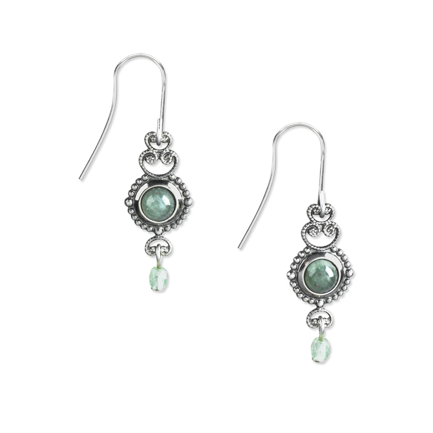Aventurine green stone dangle earrings with silver-toned filigree and beaded metal accents.