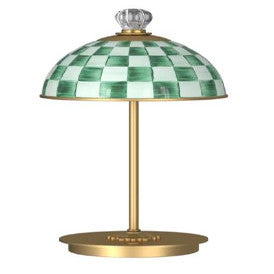 Rechargeable dome table lamp with hand-painted checkered pattern in mild steel and glazed enamel.