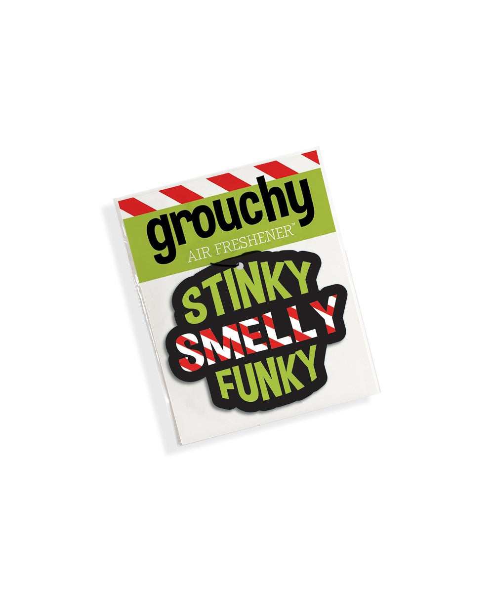 Grouch air freshener with red and white striped side showing STINK STANK STUNK sentiment.