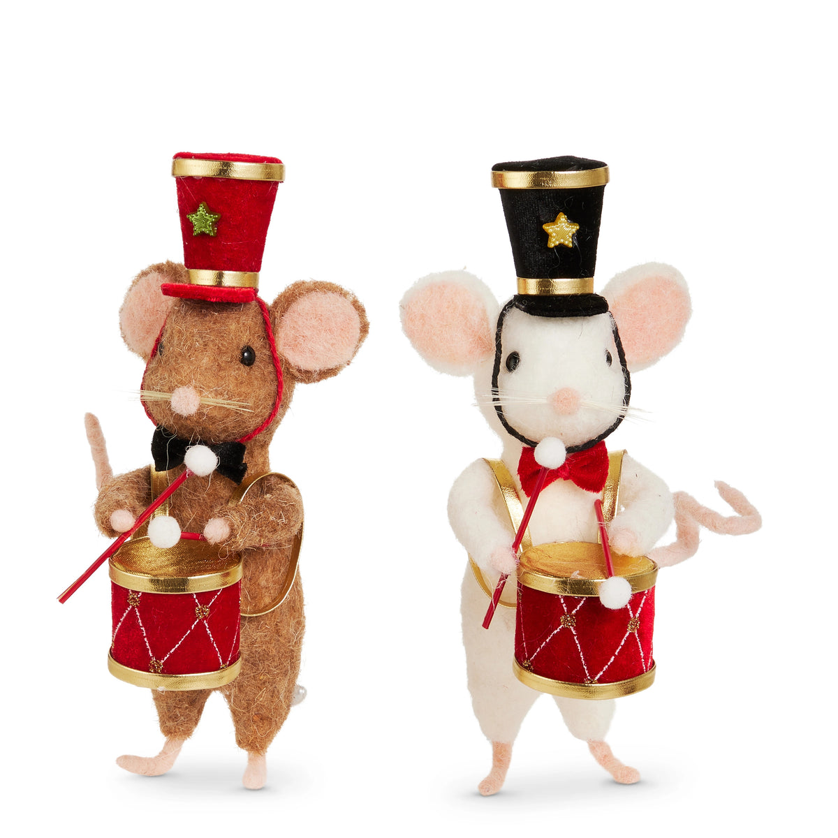 Two 7-inch felt drummer mouse ornaments, one brown and one white, wearing hats and playing drums.