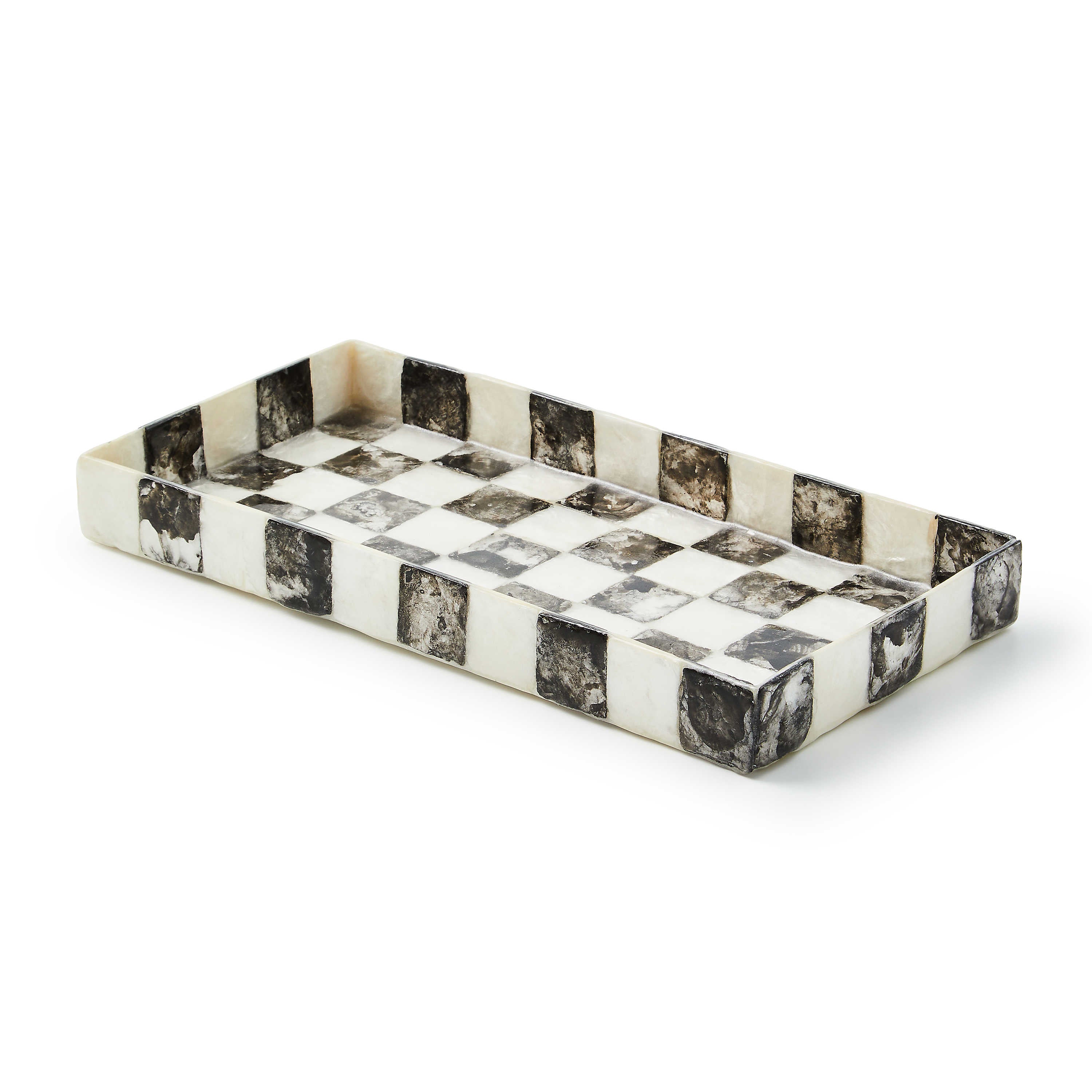 Courtly Check Capiz vanity tray featuring a geometric checkered pattern in natural shell material with rounded corners.