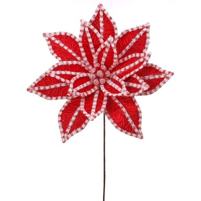 30-inch red poinsettia stem with white glitter-edged petals and a central cluster of glittery buds.