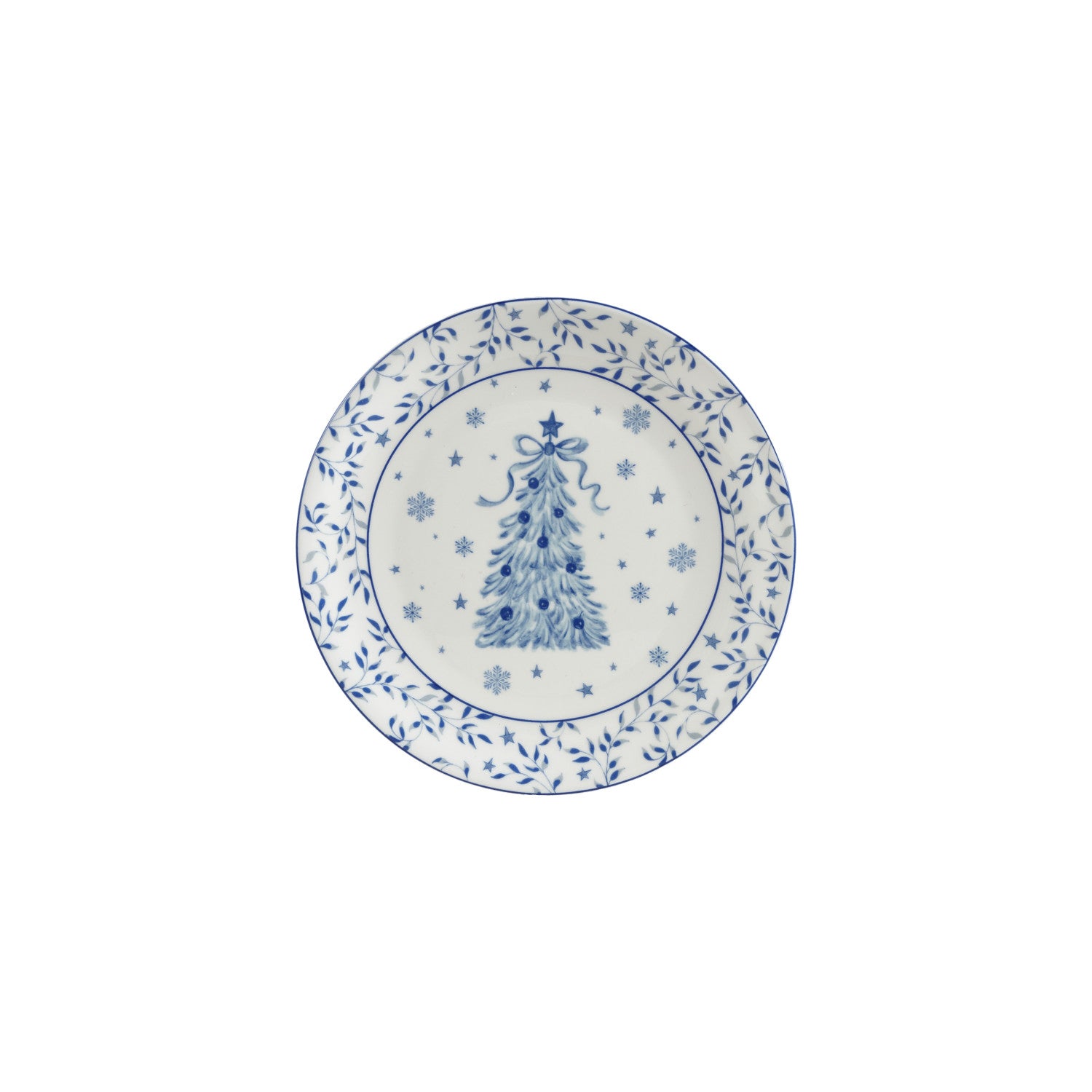 White stoneware plate with a blue Christmas tree design, snowflakes, and a leafy vine border.
