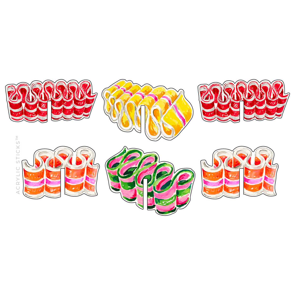 Set of clear acrylic drink clips with rounded handles designed to hold cups securely.