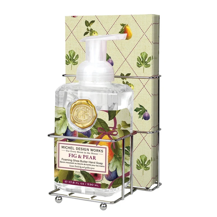 Fig & Pear Foaming Soap and Napkin Set in a silver wire caddy with botanical fruit illustrations.