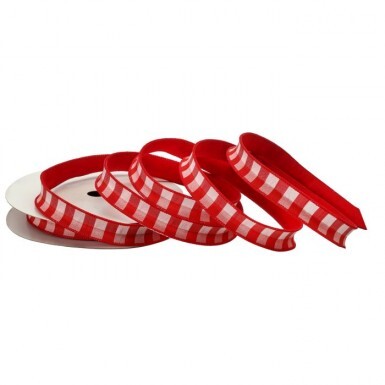 1 inch by 10 yard red and white country check ribbon with a red felt backing.