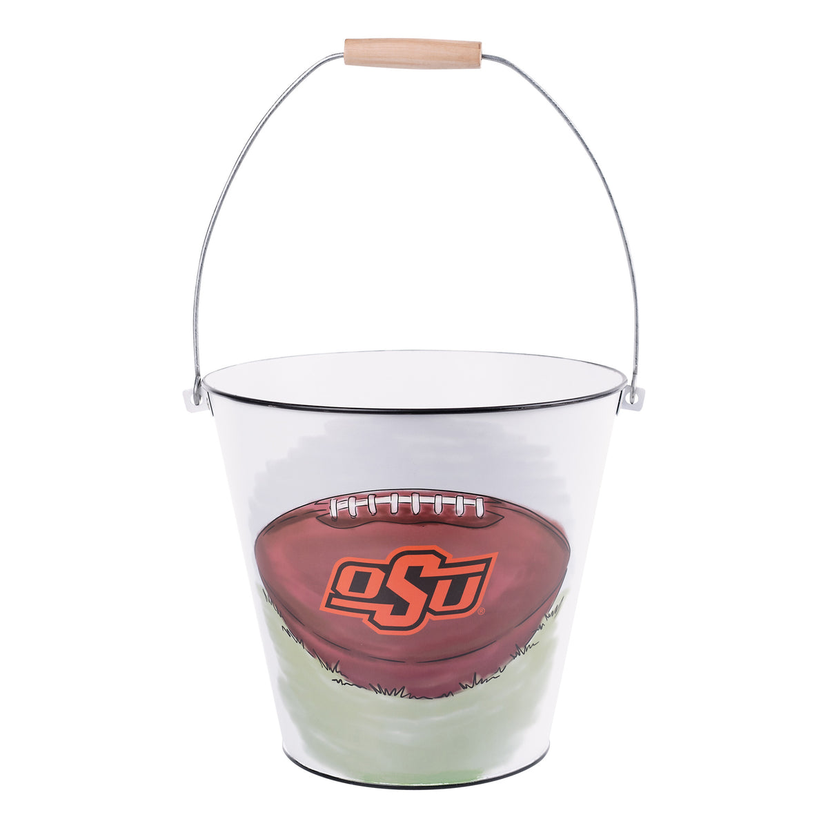 Oklahoma State Mascot white metal drink bucket with OSU football graphic and wooden handle.