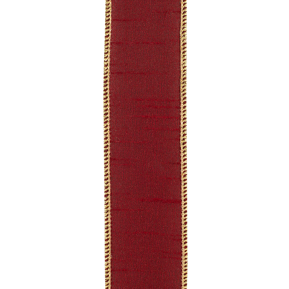Scarlet dupioni ribbon with a gold metallic wired edge, 1.5 inches wide.