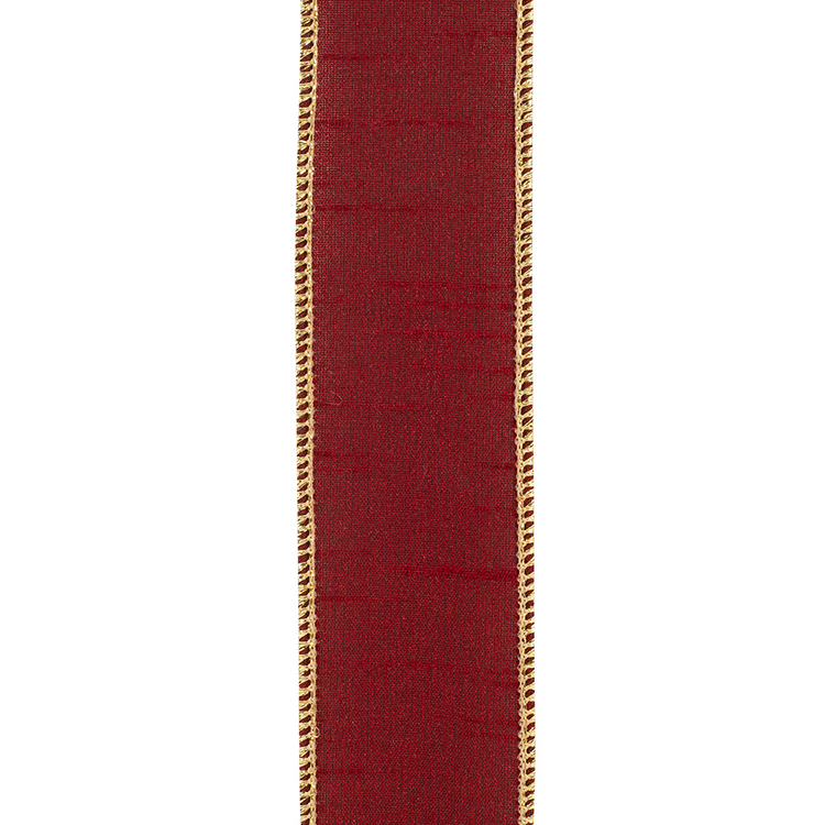 Scarlet dupioni ribbon with a gold metallic wired edge, 1.5 inches wide.