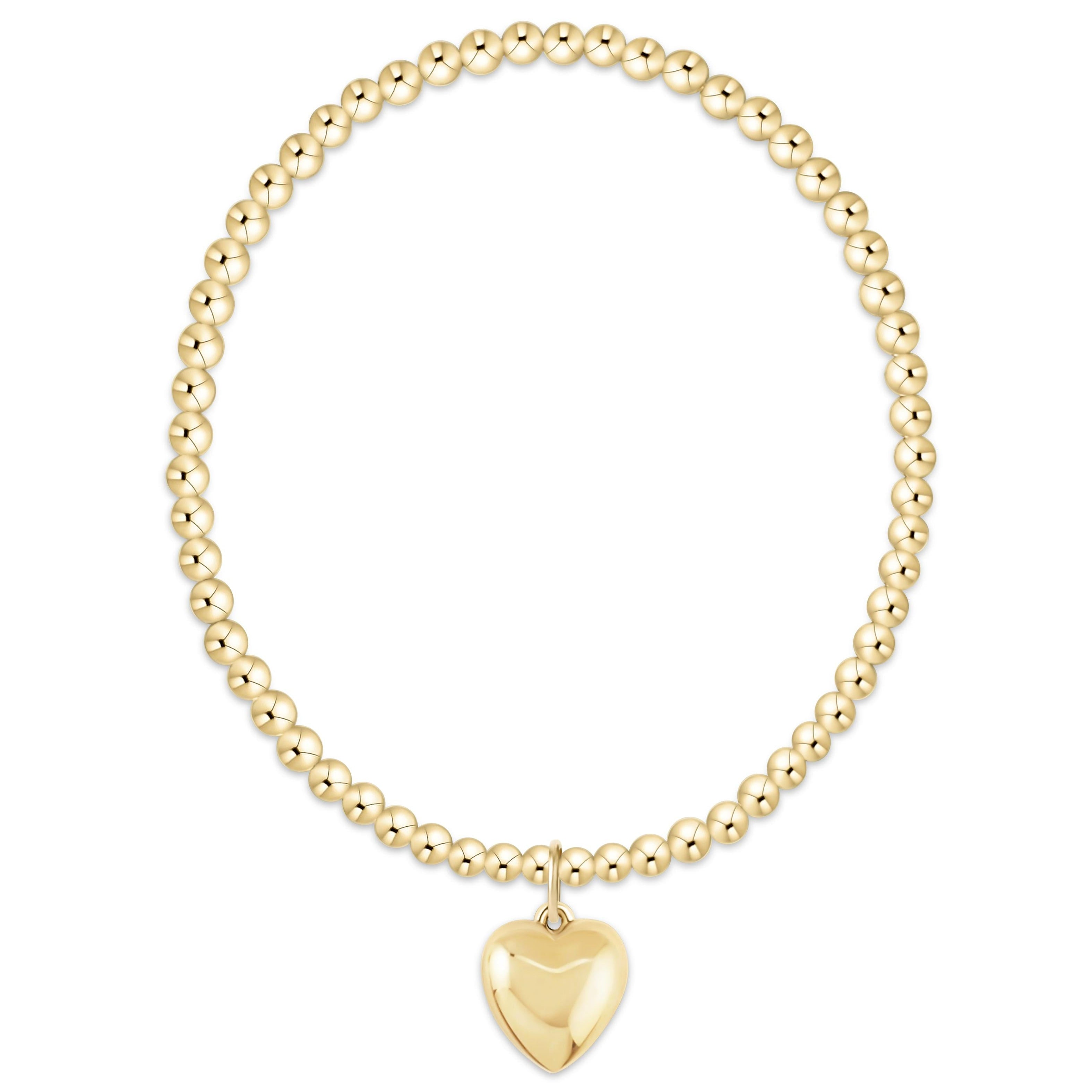 Classic gold 3mm beaded stretch bracelet featuring a 14kt gold-filled heart-shaped charm.