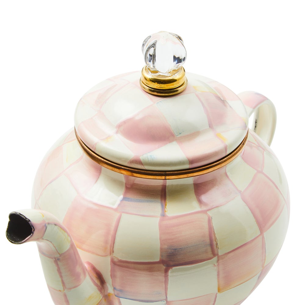 Hand-glazed steel teapot with hand-painted rosy check pattern on bronzed stainless rim and glass finial.