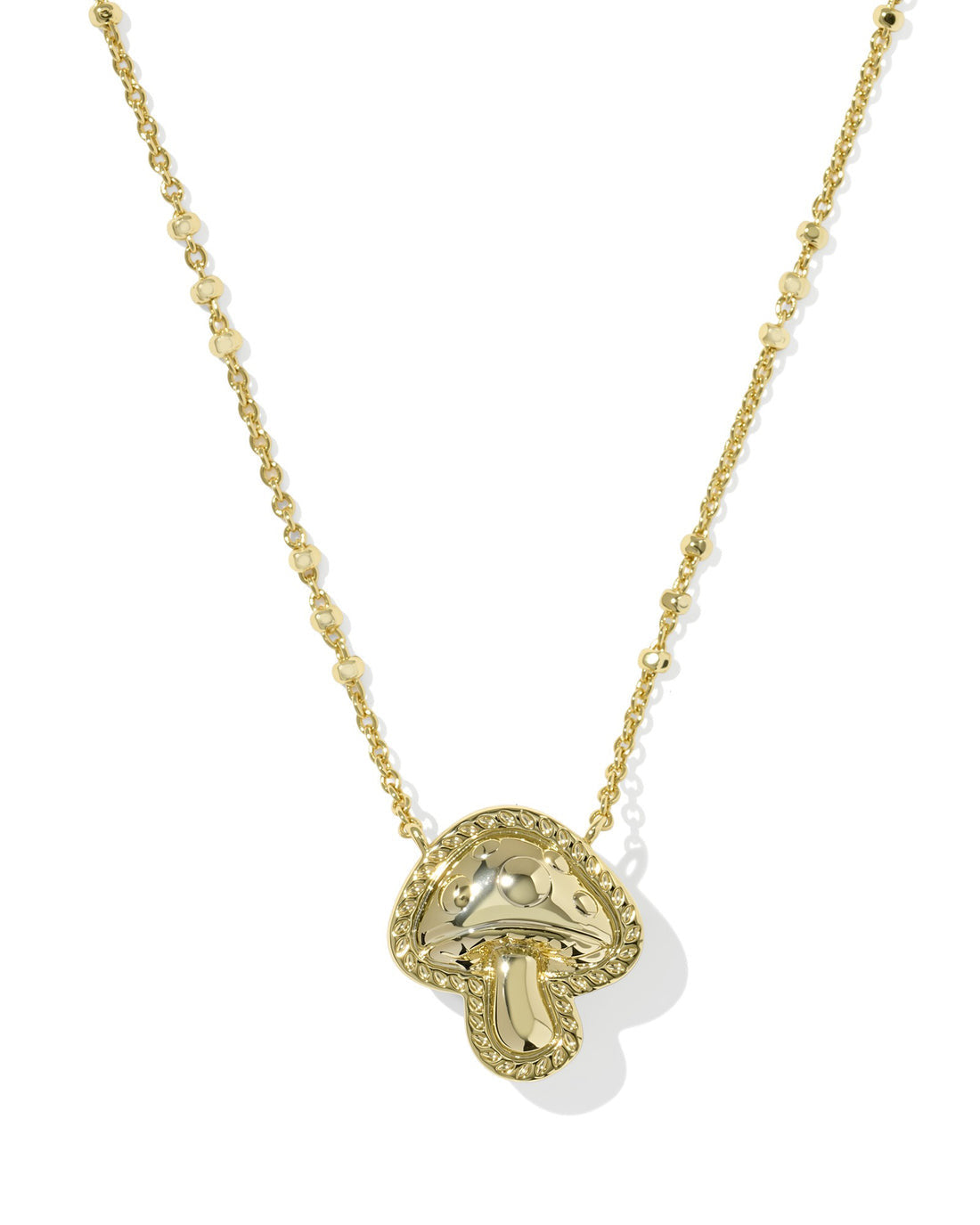 Mushroom Short Pendant Necklace in 14k yellow gold over brass with a beaded chain.