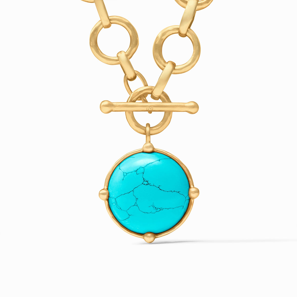 Long turquoise blue statement necklace with gold plate finish and toggle clasp