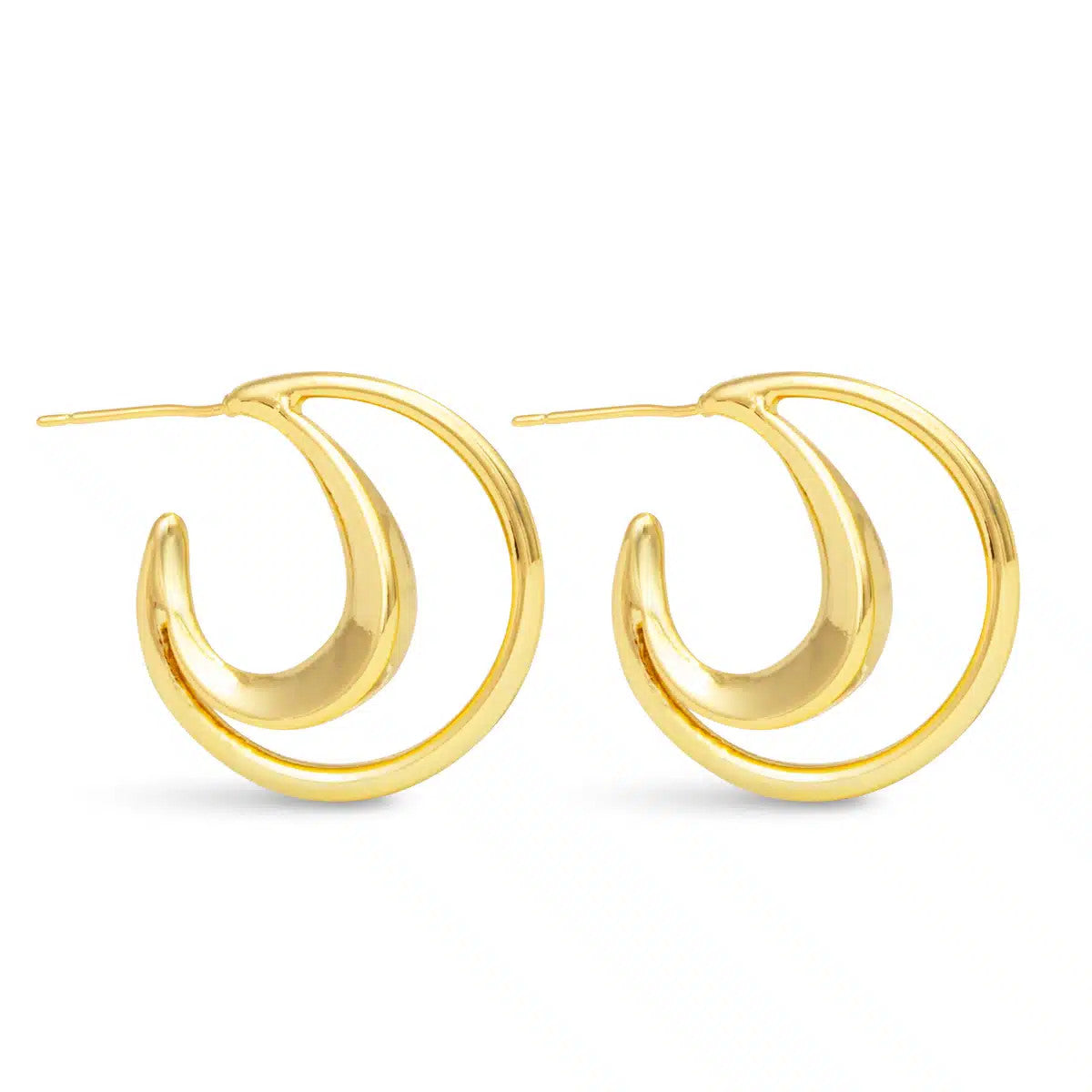 A pair of polished gold double hoop earrings with a crescent-shaped inner design.