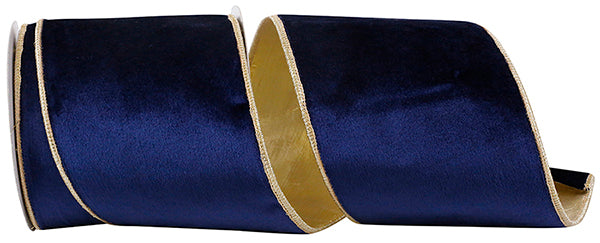 Navy velvet ribbon with gold wired edge on a white background
