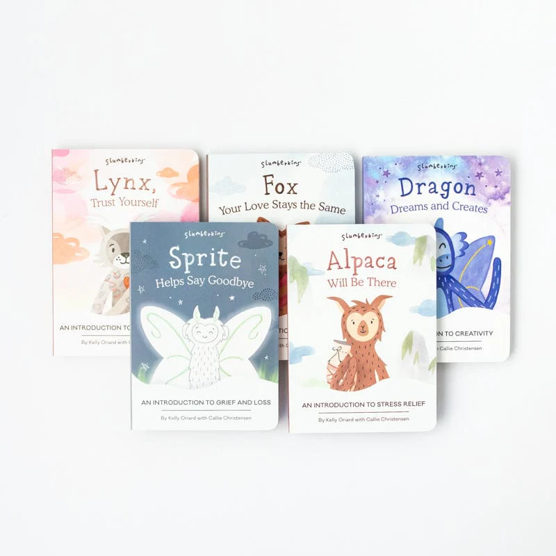 Five Slumberkins board books: Lynx, Fox, Dragon, Sprite, and Alpaca, focused on emotional resilience.