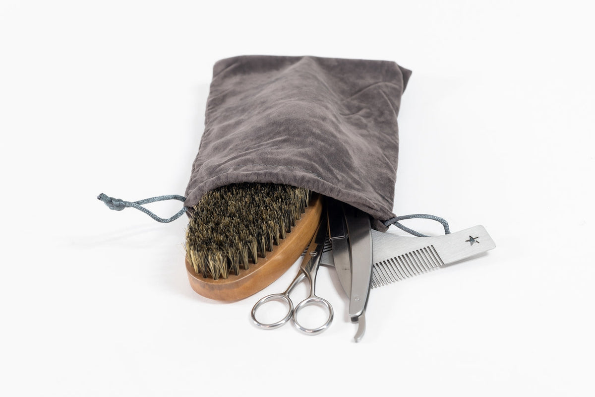 Mad Man Beard Care Grooming Kit in alloy and wood with a rectangular silhouette.