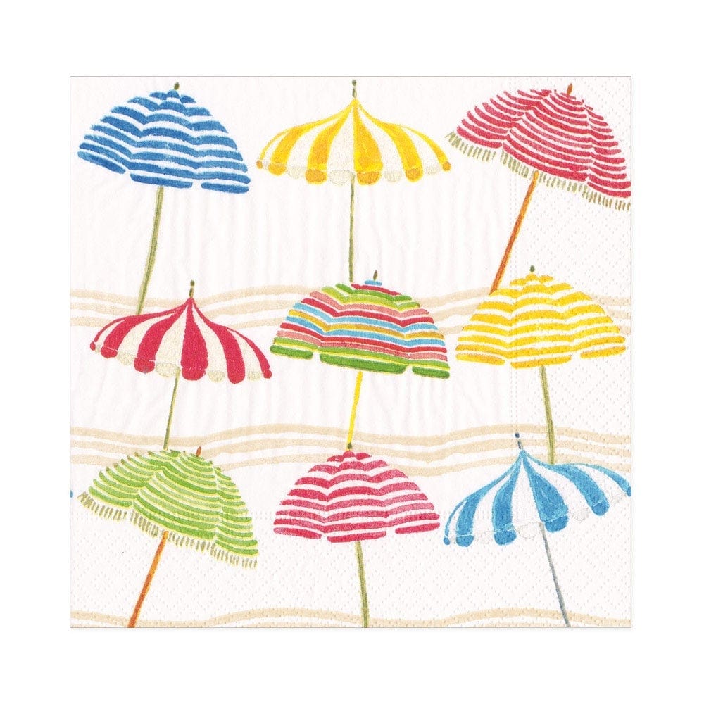 Beach umbrellas napkin luncheon with blue, yellow, red, green, and striped patterns on a white background with sand and waves.