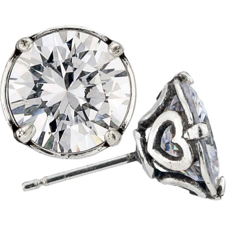 Silver plated cubic zirconia post earrings with a flat disc back.