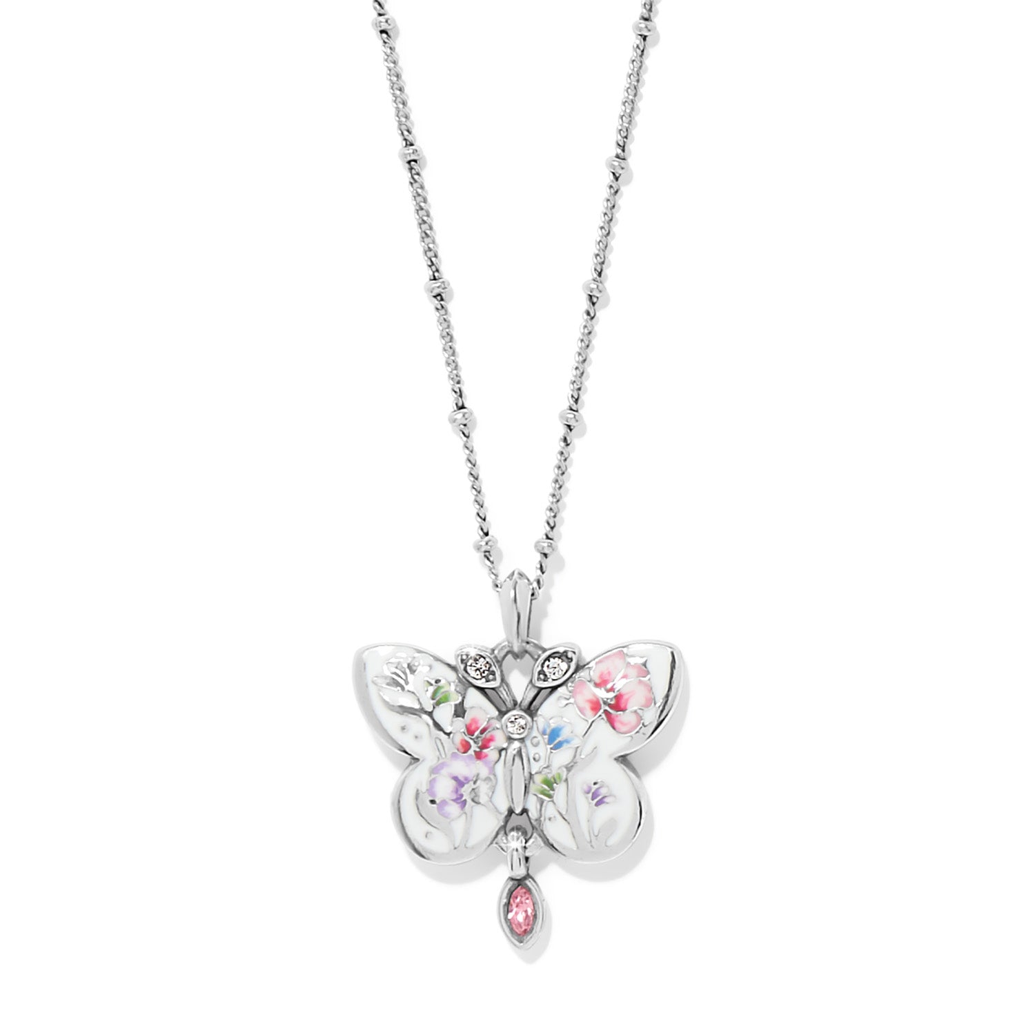 Silver plated adjustable butterfly short necklace with multi-colored enamel crystals on an 18 to 21 inch chain.
