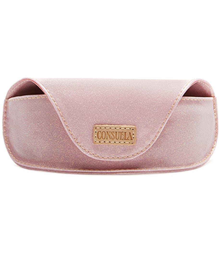 Structured neon pink star glitter sunglass case with magnetic closure, soft mesh lining, and natural leather logo patch.