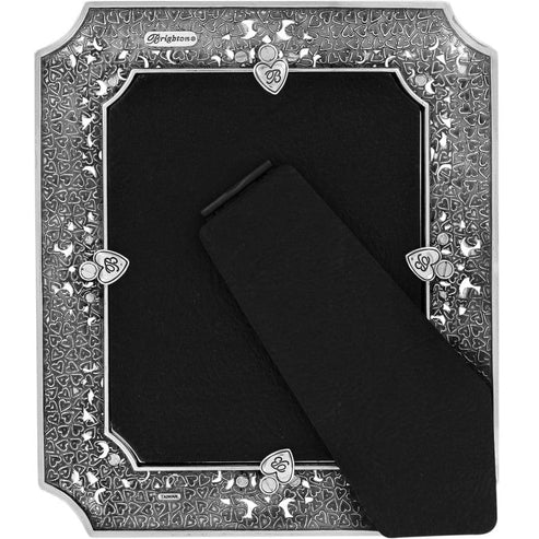 Back of a silver-plated Tango Large Photo Frame with heart patterns and a black velvet easel stand.