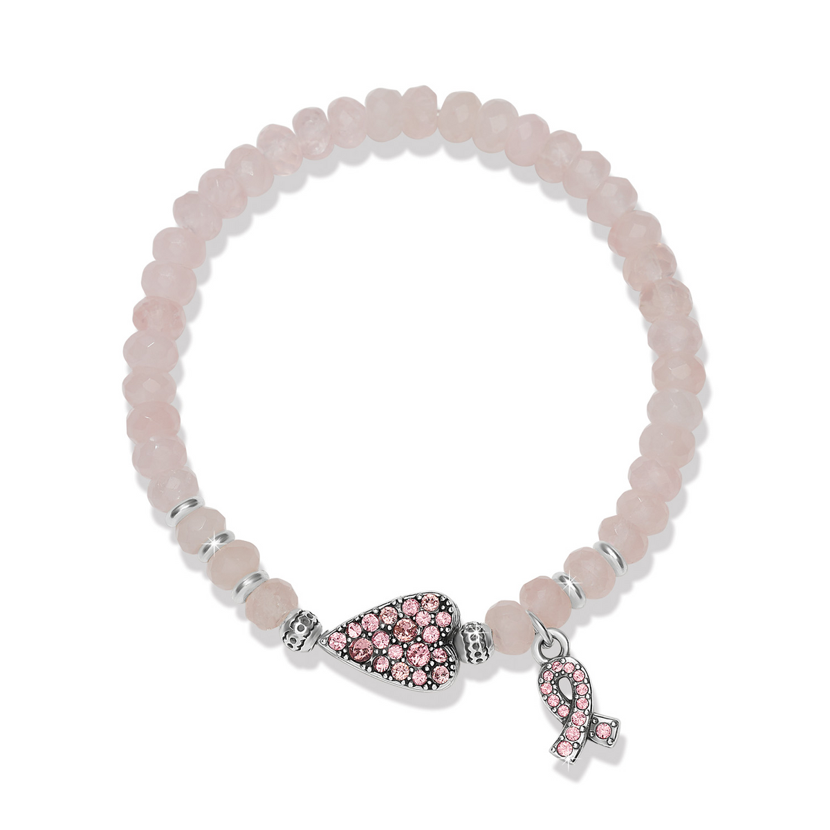 Power Of Pink 2026 stretch bracelet with rose quartz beads, crystal heart, and pink ribbon charm.