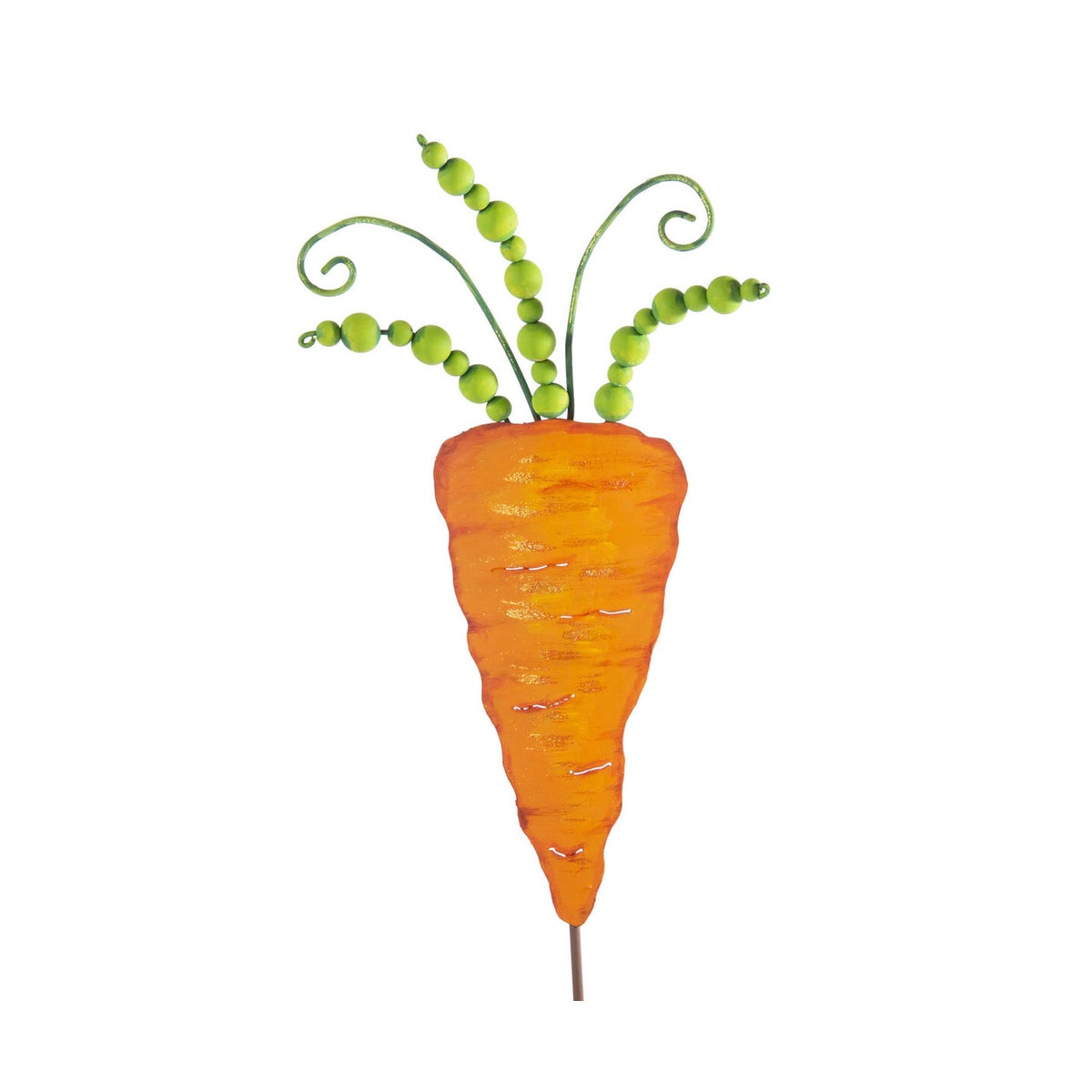 Beaded carrot stake with natural wood finish and colorful glass bead pattern.