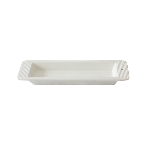 Rectangular cracker tray with white base featuring vertical navy blue pinstripe pattern.
