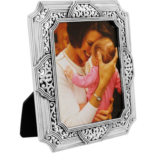 Silver plated Tango Large Photo Frame with ornate scrollwork, holding a photo of a mother and baby.