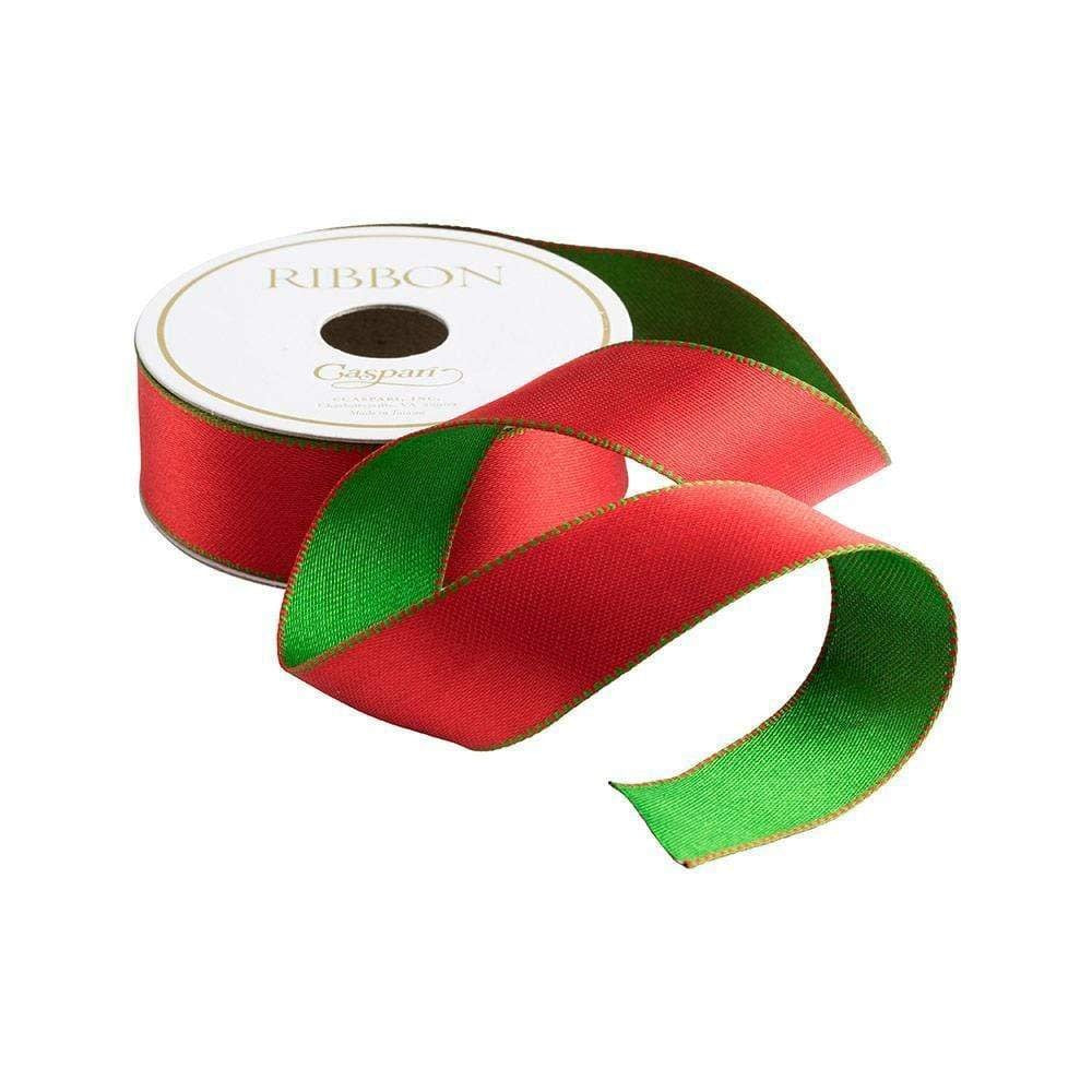 Red and green reversible satin wired ribbon roll with one-inch width