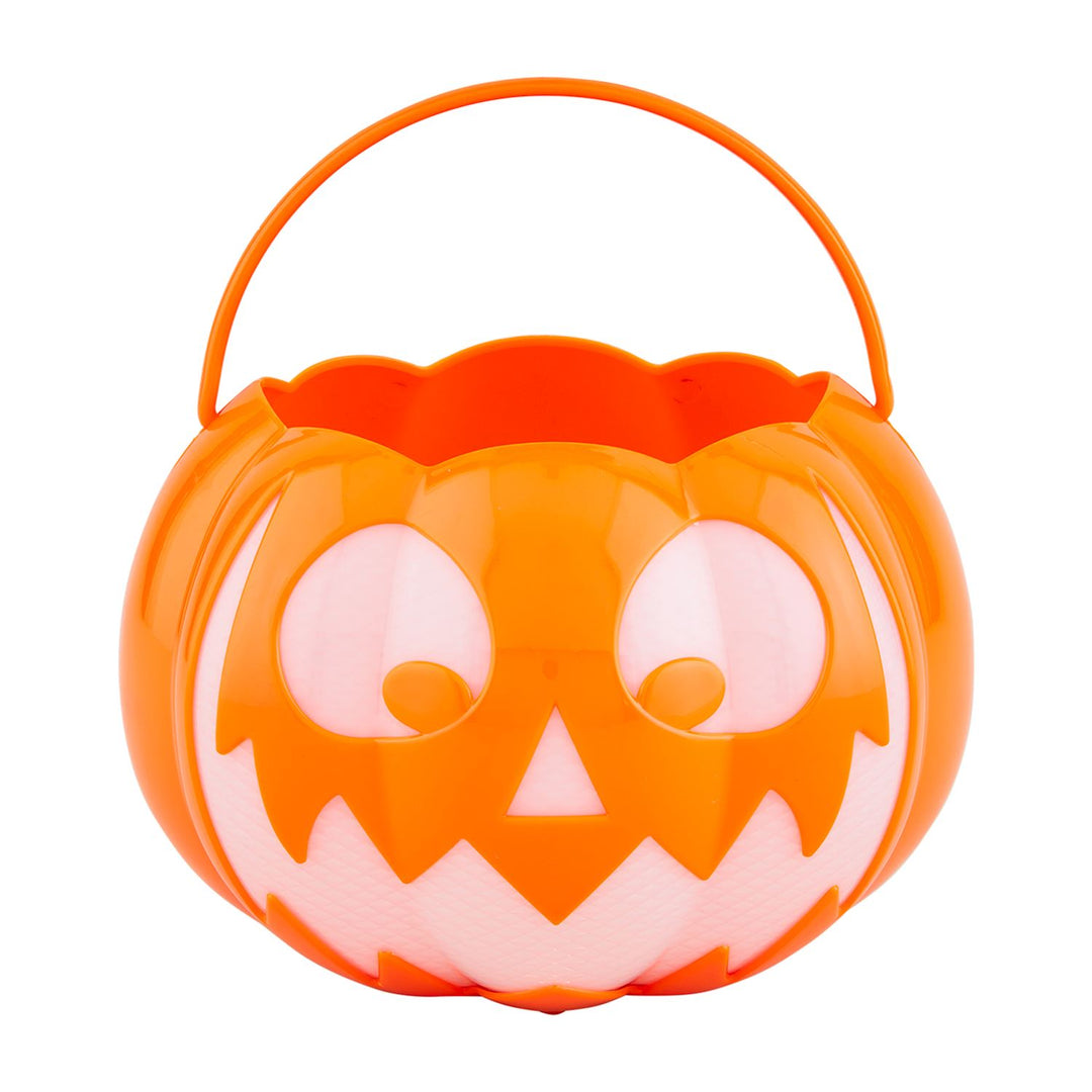 Orange plastic light-up musical Jack-O-Lantern bucket with a handle and glowing face design.