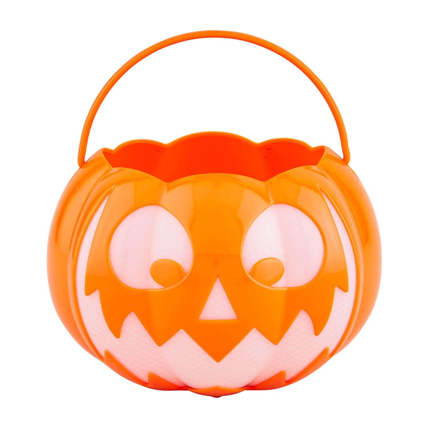 Orange plastic light-up musical Jack-O-Lantern bucket with a handle and glowing face design.