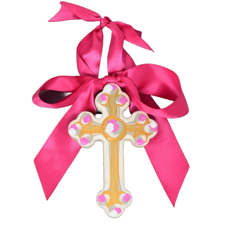 Hand-painted MDF cross with a satin bow top, gold back paint, artist signature.