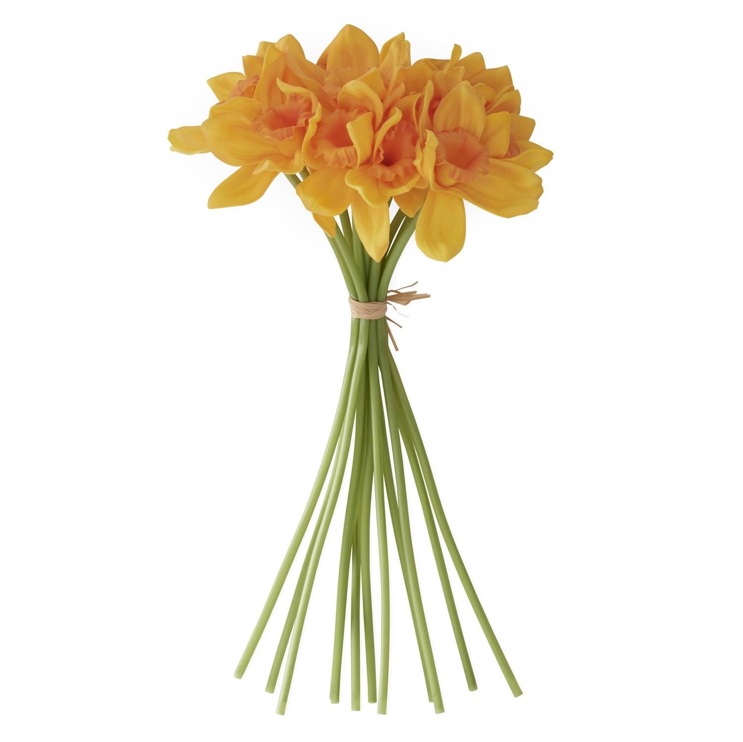 Bundle of eleven-inch yellow and orange real touch daffodil artificial flowers with green stems.