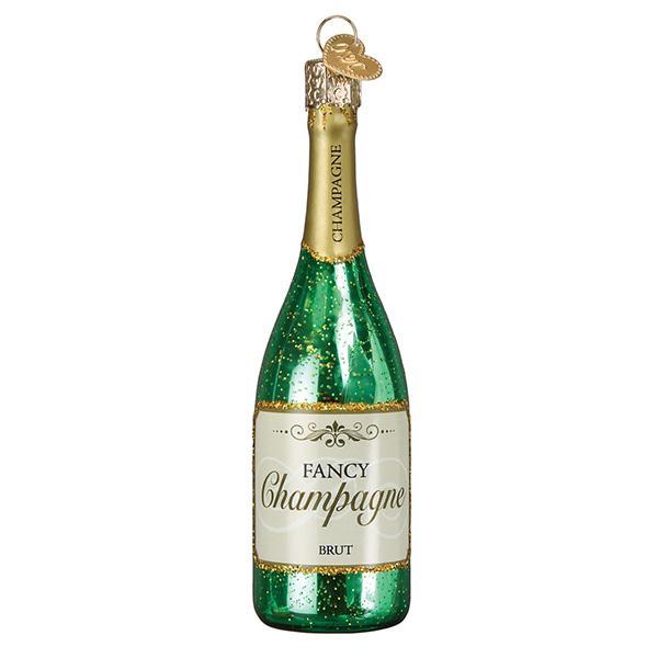 Green glass Fancy Champagne Bottle Ornament with gold glitter accents and a white label.